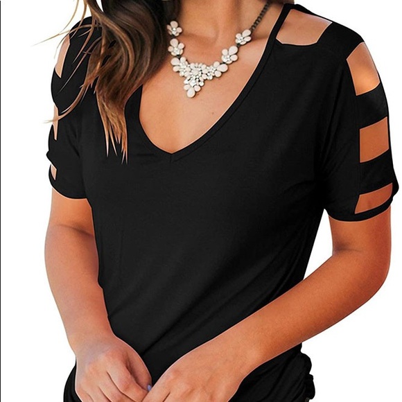 Black Cut Out Sleeve V Neck T-shirt - Picture 6 of 11